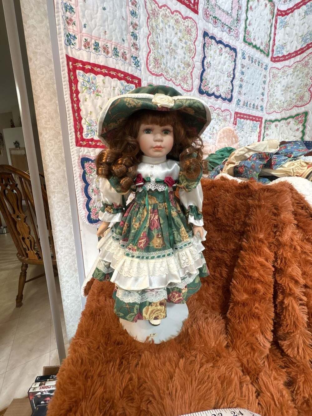 D8 Vintage Porcelain Collector Doll with Green Floral Dress and Matching Hat